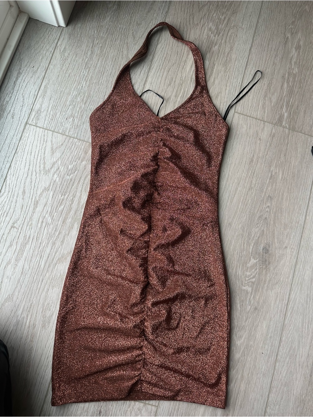 Metallic Copper/Brown Halter Ruched Mini Dress